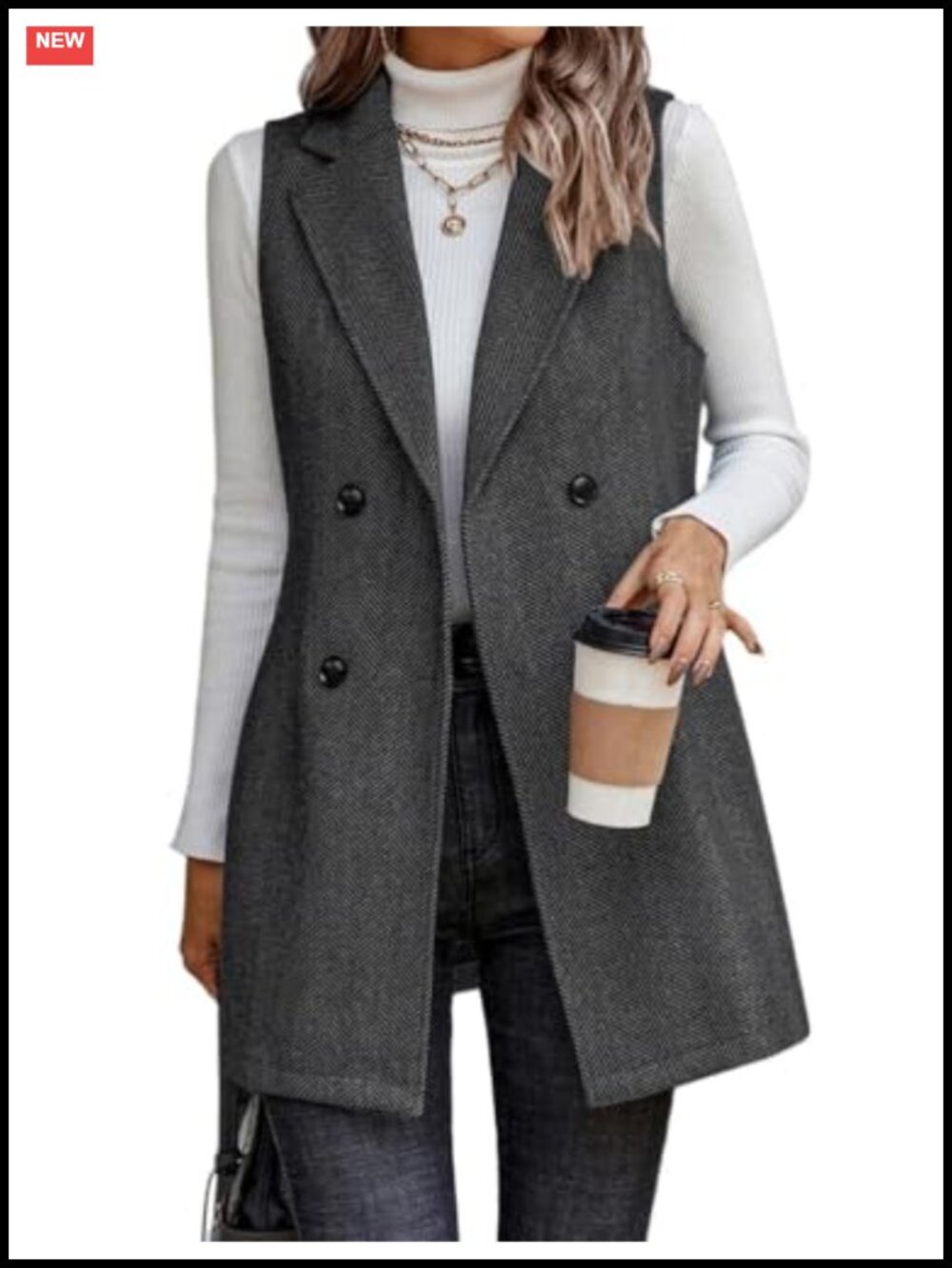 Sleeveless Tweed Vest Blazer Jacket Herringbone Double Breasted Long
